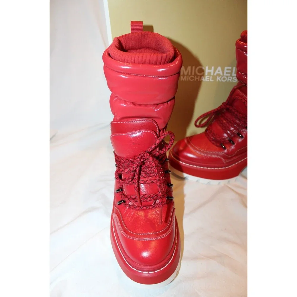 Michael Kors Women Shiloh Combat Boot Mixed Media Red Leather Size 6.5 NIB $295